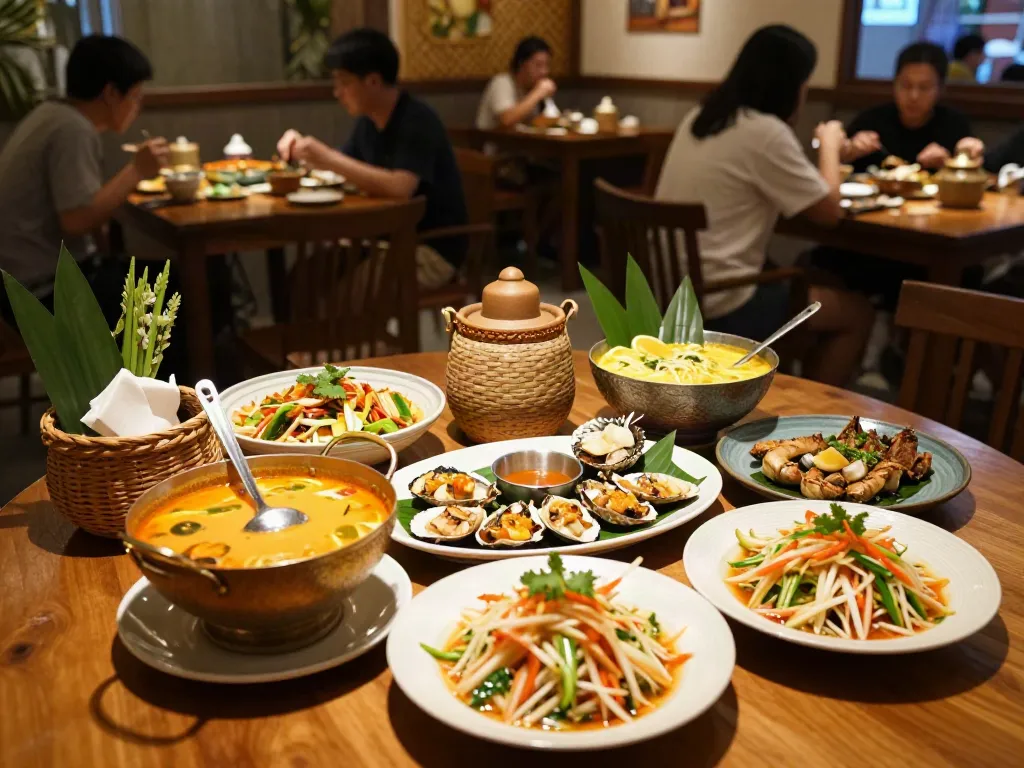 Delicious Thai dishes at a Rokok88 link restaurant, showcasing tom yum and seafood.