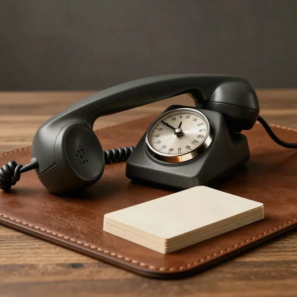 Kit telemarketing su legno caldo con telefono a ghiera, timer e carte contatto in luce drammatica.