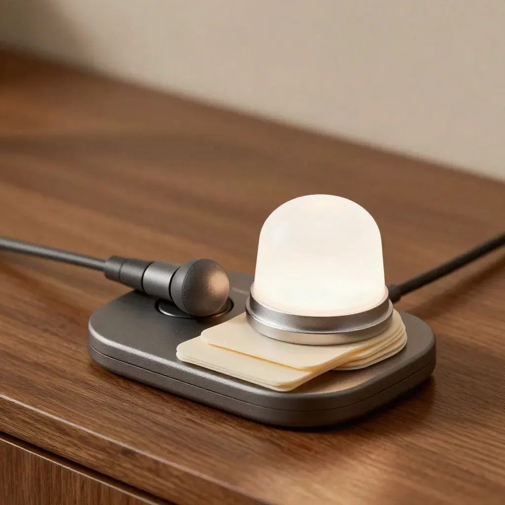 Kit help desk con base telefono, spia bianca e auricolare su legno caldo, macro di lusso