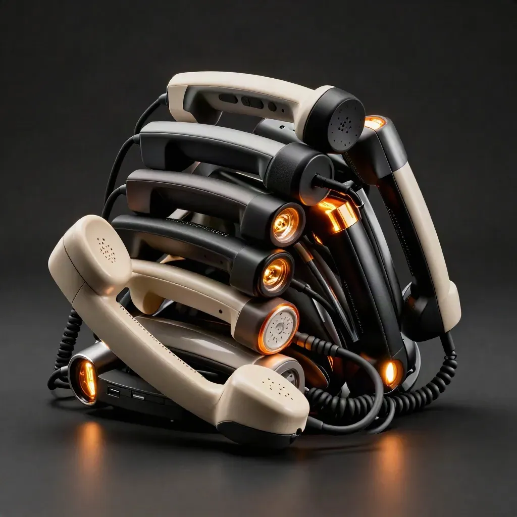 Bundle di contact center con telefoni modulari e luci arancioni su fondo nero.