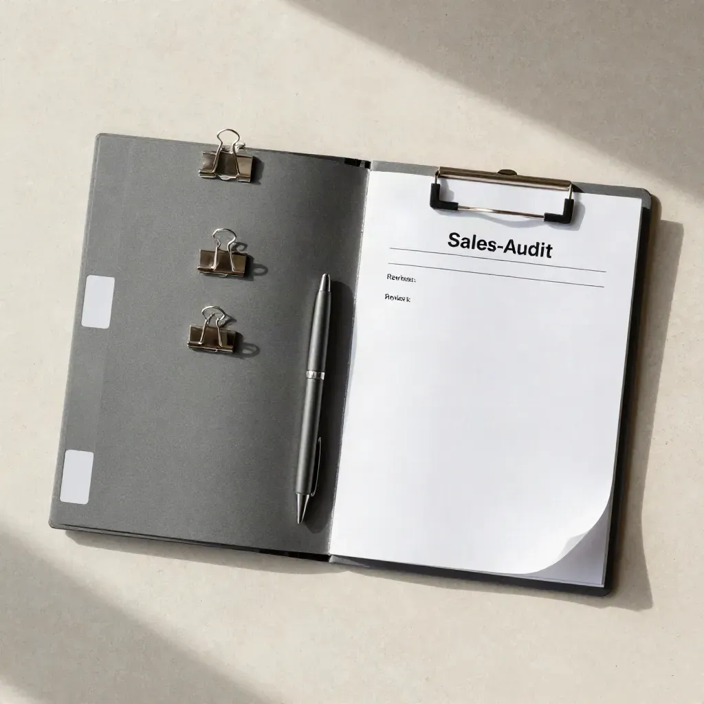 Kit audit vendite dall’alto con cartellina chiusa, divisori, fermagli e penna su plaster.