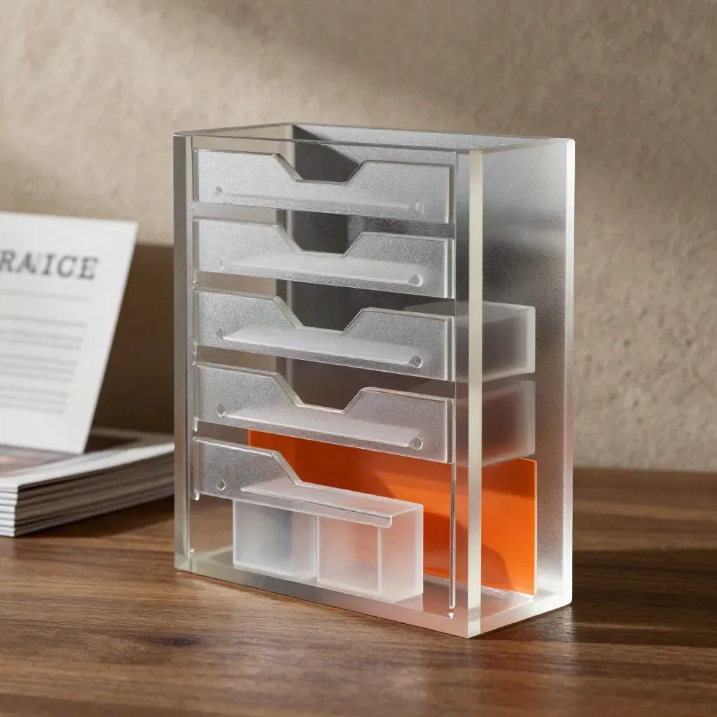 Blocchetto frosted per lead aziendali con tab e cubi file su base in legno