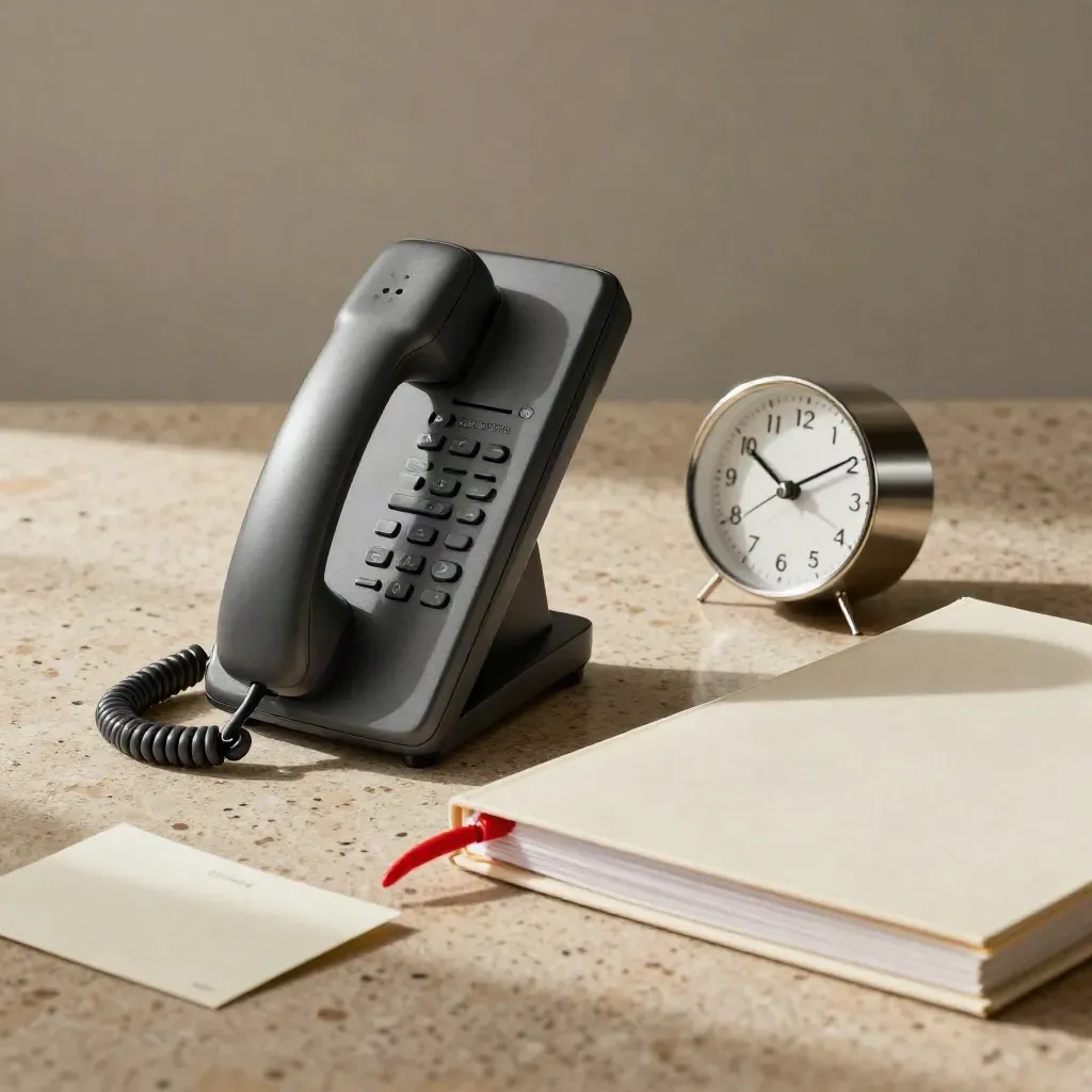Set call center con telefono, orologio, fascicolo chiuso e filo rosso su travertino.