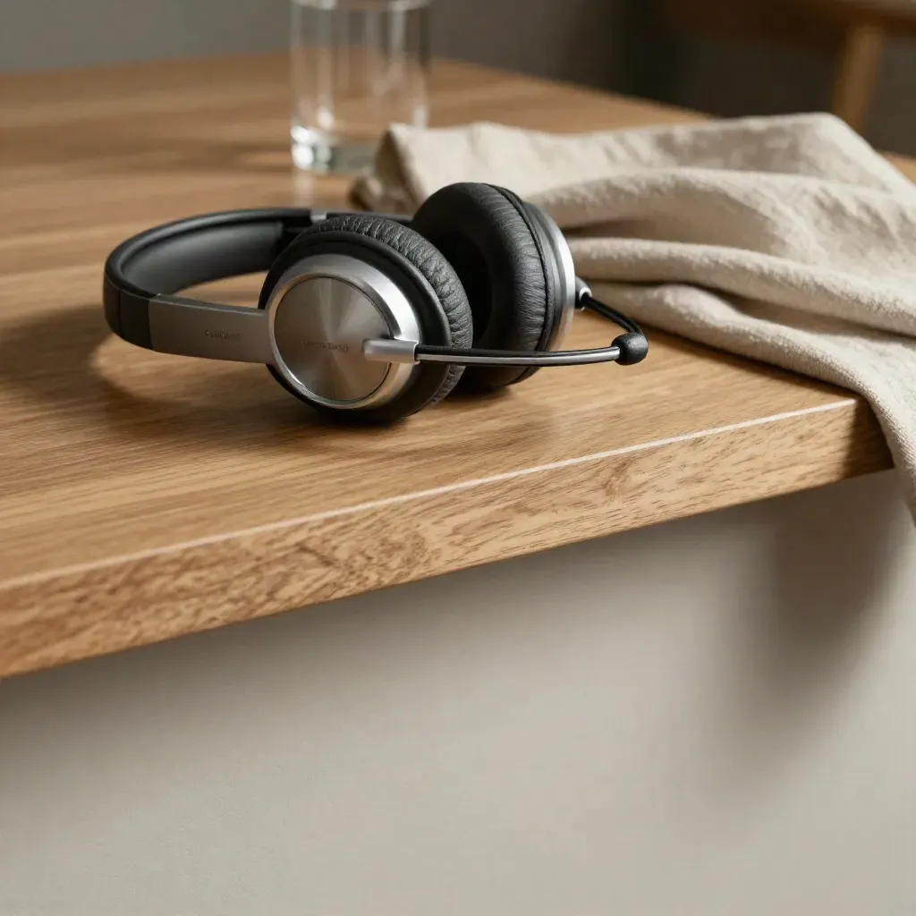 Dettaglio macro di cuffia e console call center su legno chiaro, luce calda, sfondo neutro.