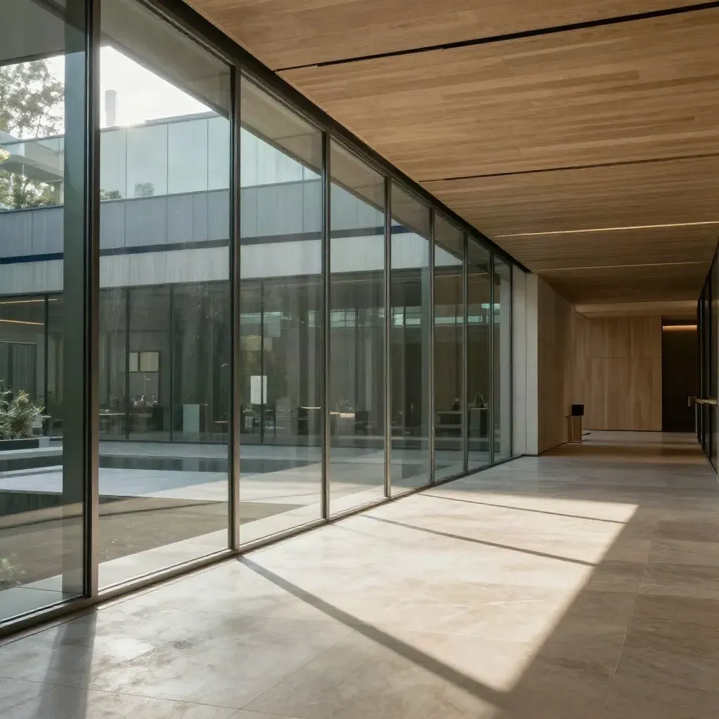 Corridoio moderno in pietra e vetro, luce diagonale e ombre morbide